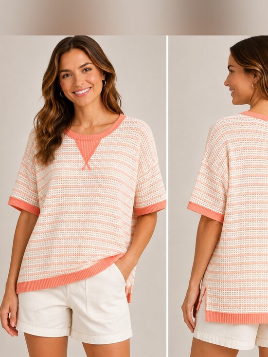 Hemish USA Tops - Heimish U.S.A. Women’s M Coral Ivory Striped Open Knit Oversized Top Nwot A-257